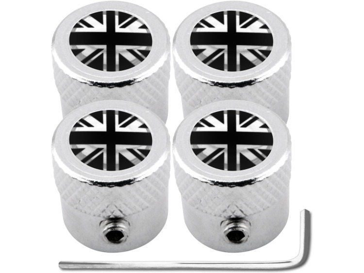 4 bouchons de valve antivol Angleterre Royaume-Uni Anglais Union Jack British England noir & chrome "stri&eacute;"